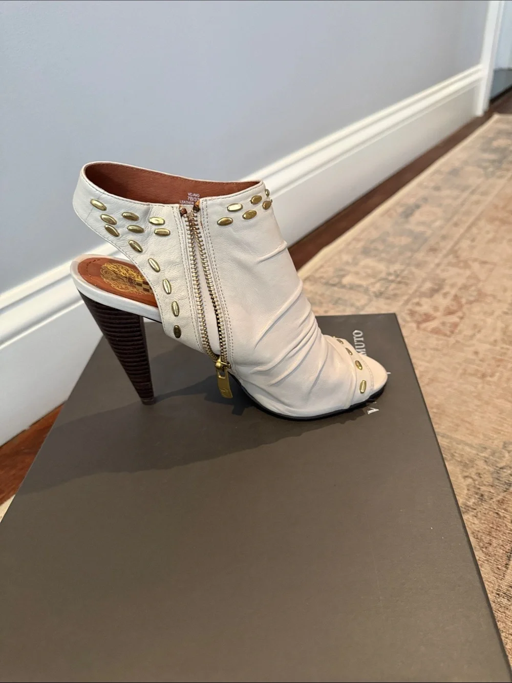 Vince Camuto Ivory Open-Toe Studded Leather Heels with Side Zipper